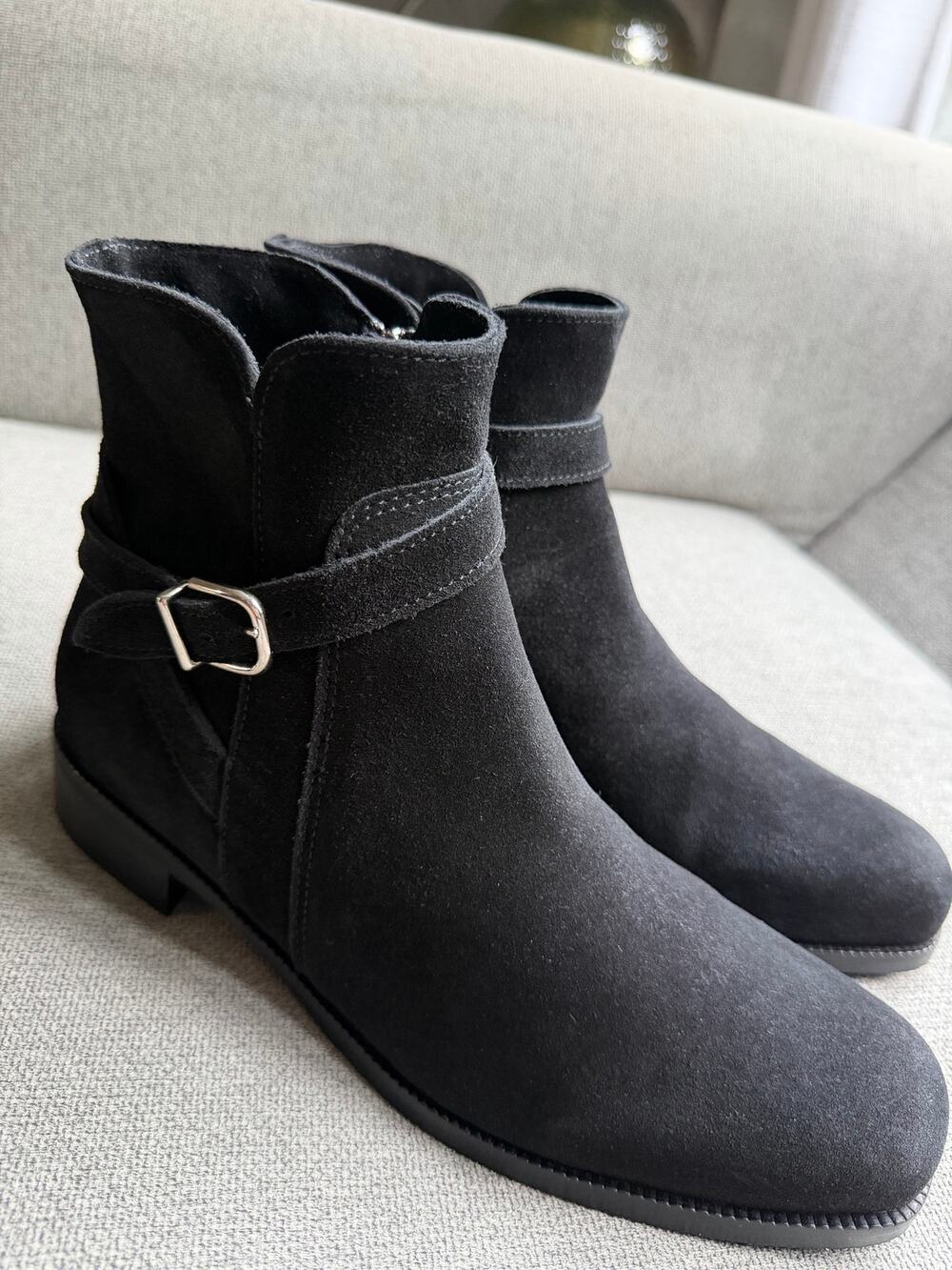 La CANADIENNE Black Suede Leather Ankle Booties with Side Buckle Sz 10
